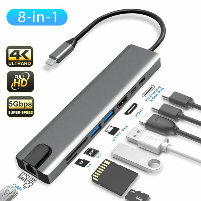 8 IN1 Multi-Port Type C To USB C 4K HDMI Adapter USB 3.0