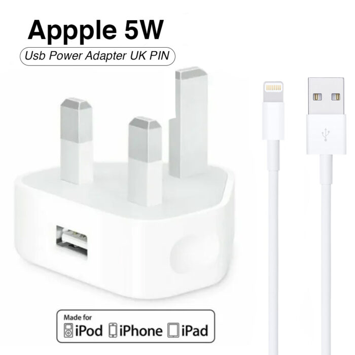 Iphone Usb 5W Power Adaptor UK Pin With Lightning to Usb Cable