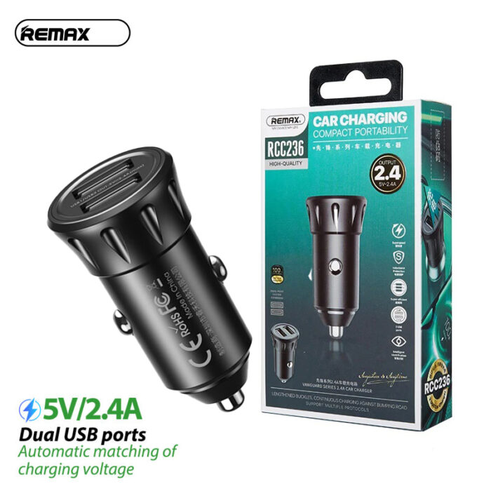 Remax Car Charger Vanguard Series 2usb 2.4a Black Moq:92 (Rcc236)