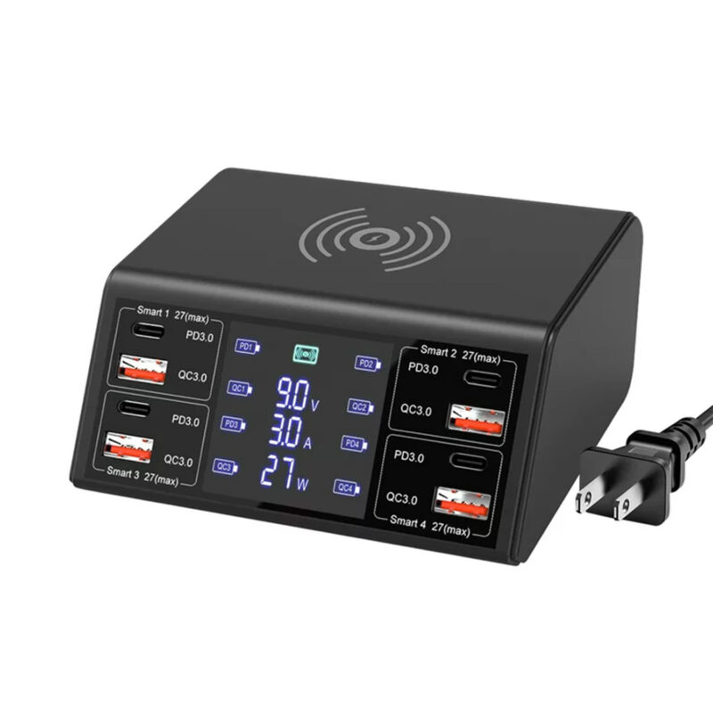 100W 8-Port Charging Station With 4 USB QC 3.0+4 Type-C PD Ports Wireless Fast Charging Hub