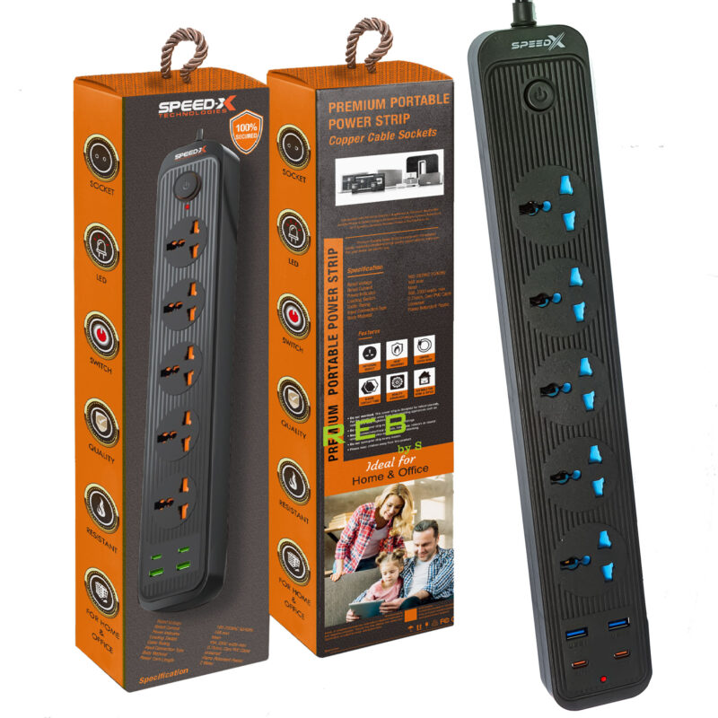 504pu Speed-X Premium Portable Power Strip 5socket+2usb Port+2 Type C USB Cable Lenght 2M